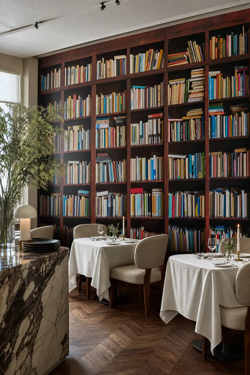 Bookcase Row mural: a wall of full bookshelves behind white-linen tables in a fine-dining room