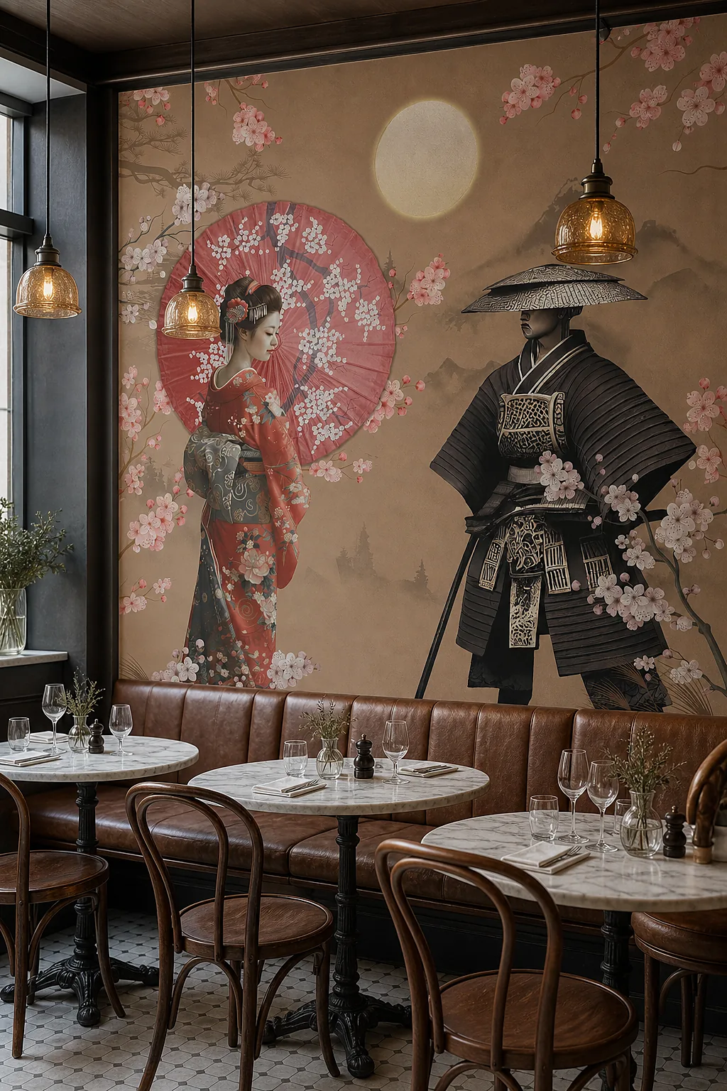 Cherry Court custom mural wallpaper: a geisha with a red parasol and a samurai among cherry blossoms under a full moon, covering the wall of a bistro dining room