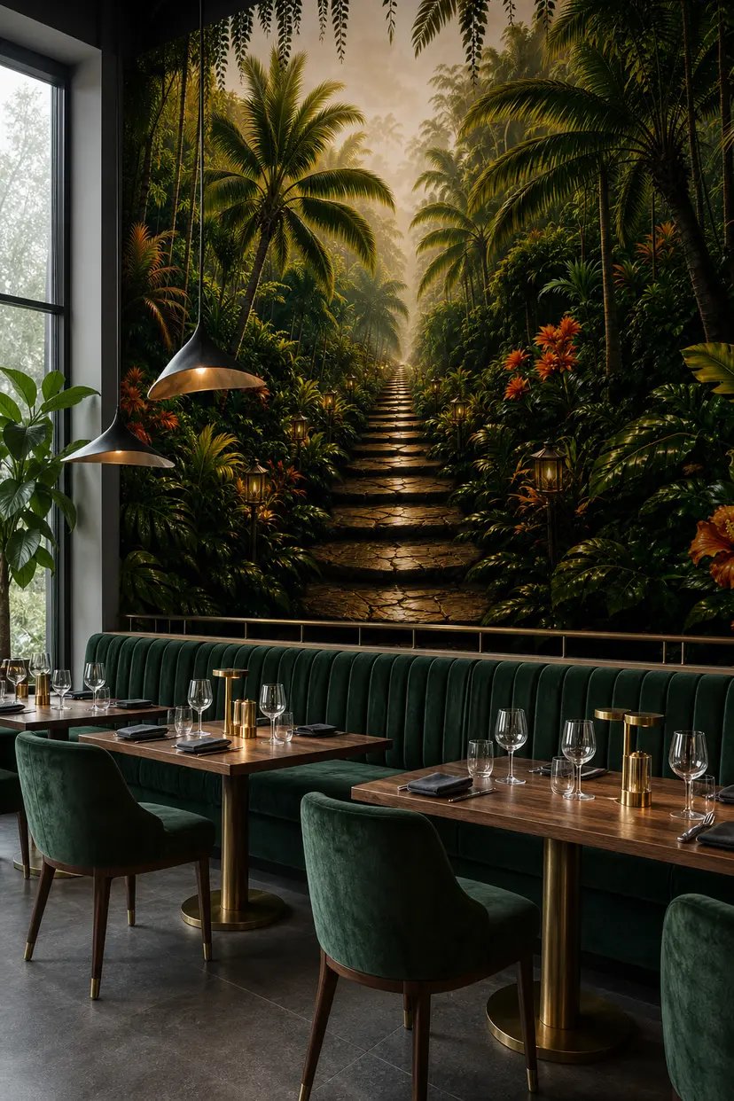 Jungle Lantern mural: a staircase climbing through palm fronds and tropical flowers, above green velvet booths in a restaurant
