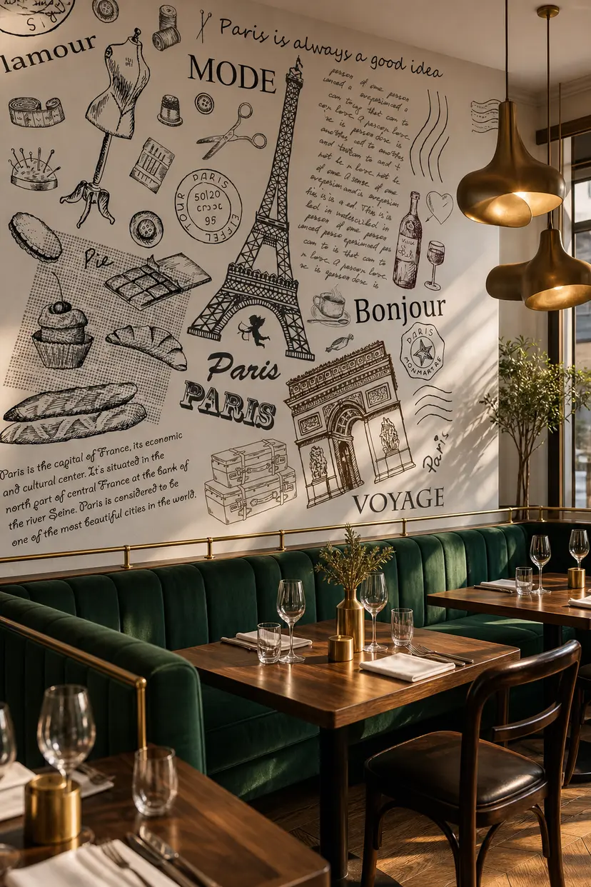 Paris Postcard mural: black-and-white sketches of the Eiffel Tower, the Arc de Triomphe and French lettering above green banquettes in a café