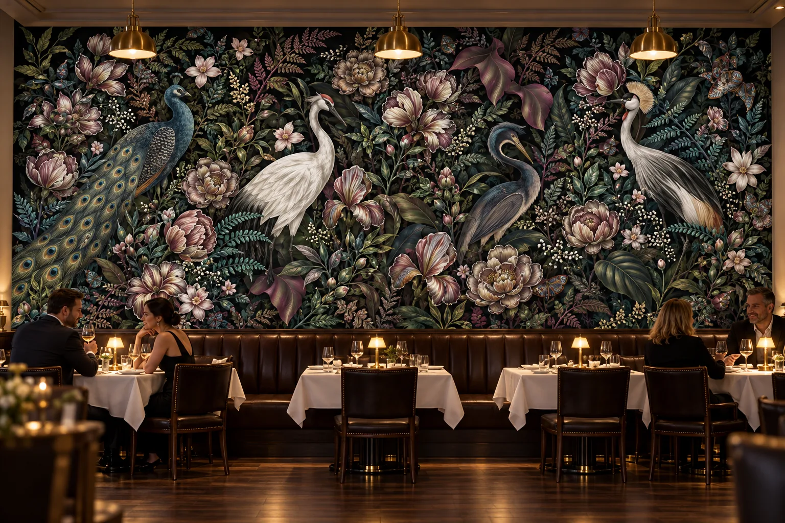 Peacock Garden wallpaper covering the wall of a restaurant dining room: peacocks, cranes and a heron among peonies, above a leather banquette and tables set with white linen