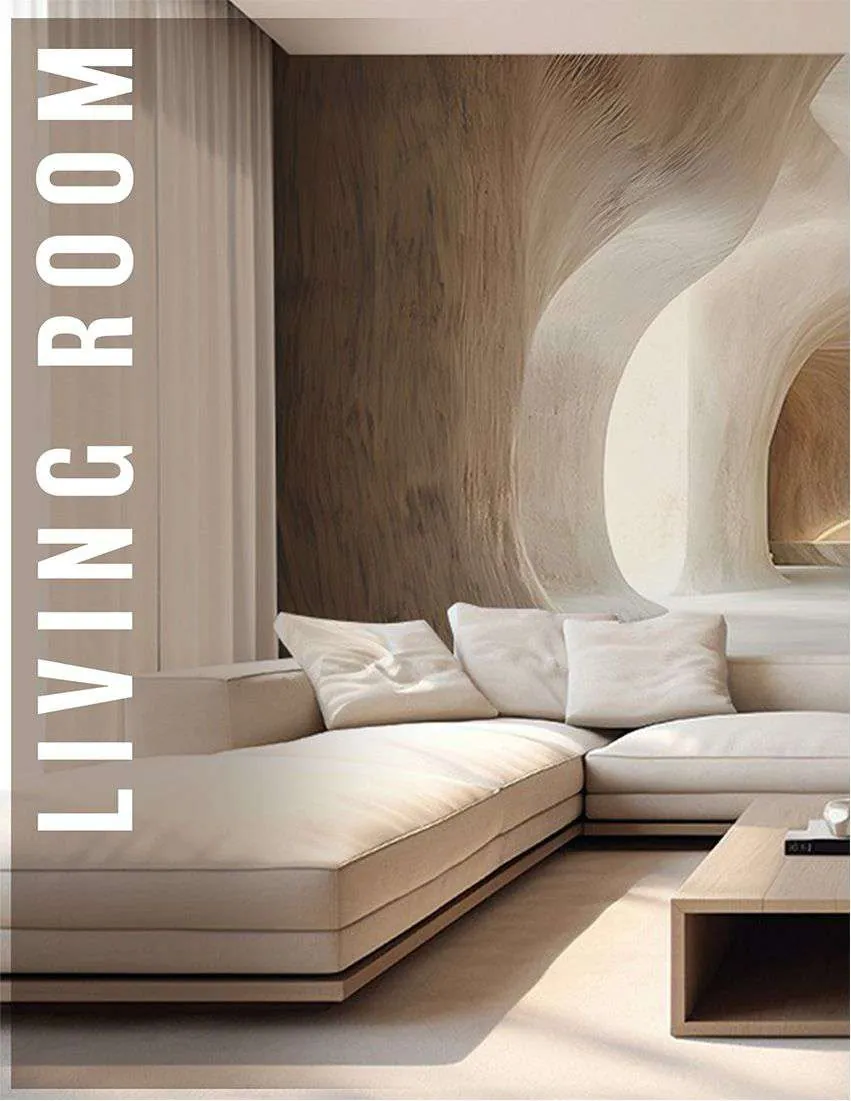 Living room with a sculpted, cave-like plaster wall behind a cream sectional sofa