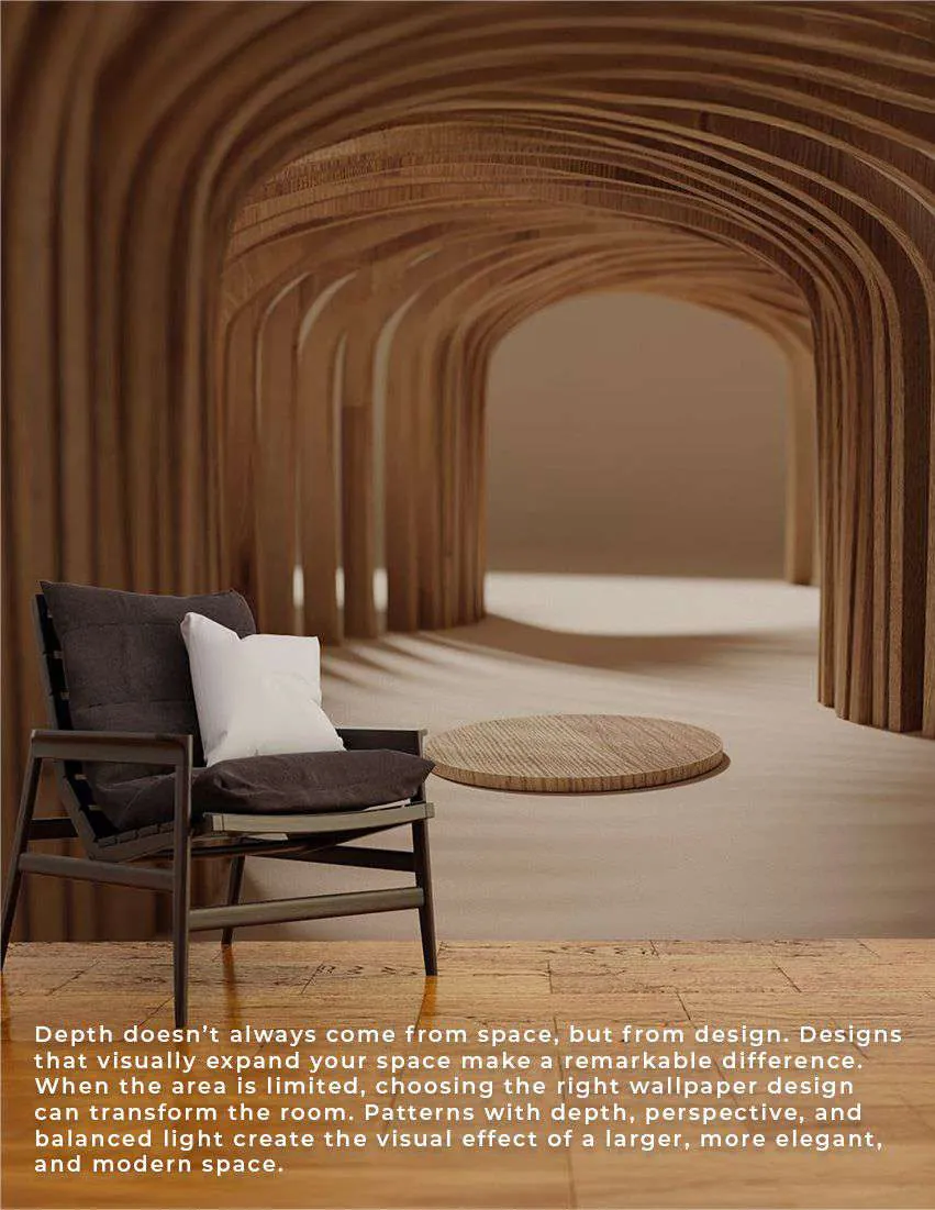 Wallpaper of curved wooden arches that makes a small room look deeper, with an armchair in front