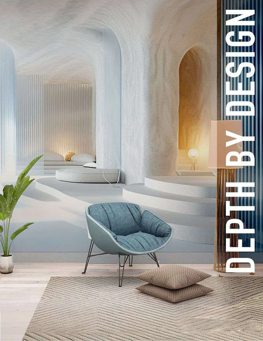 Pale blue arched alcove mural behind a blue armchair and a floor cushion