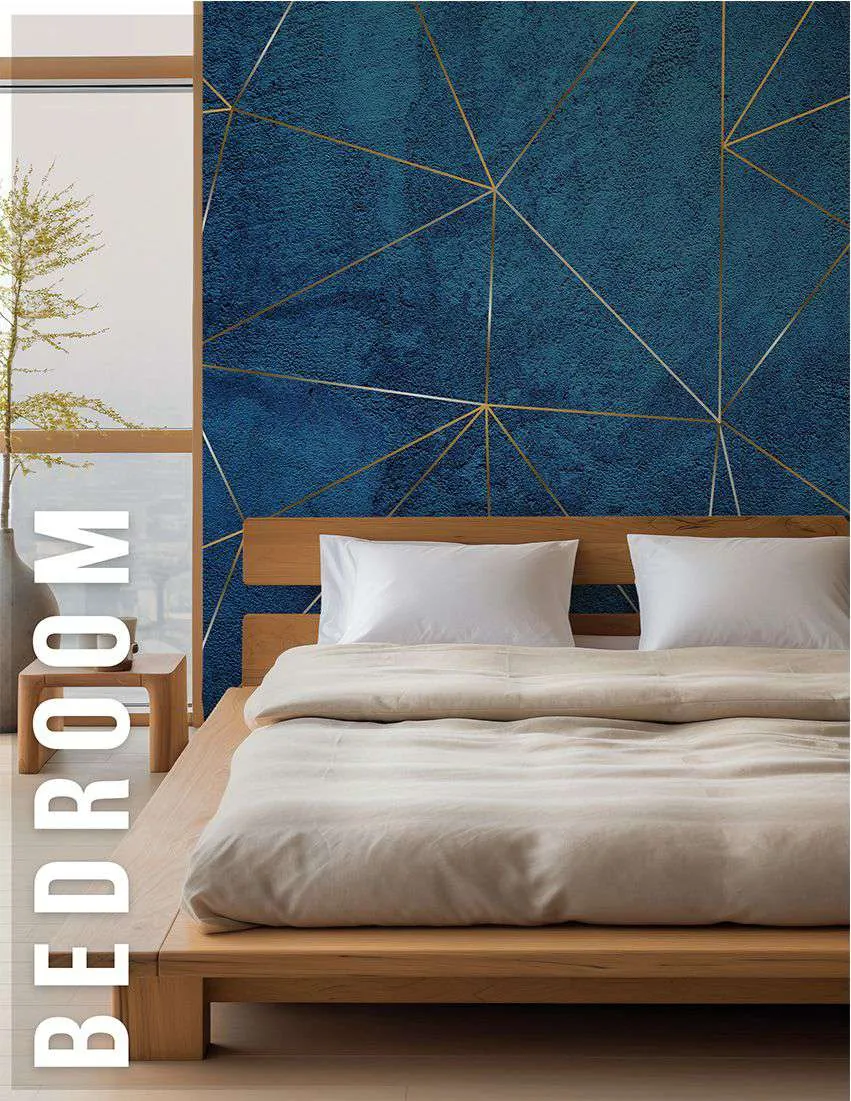 Bedroom with a deep blue textured wall crossed by fine gold lines
