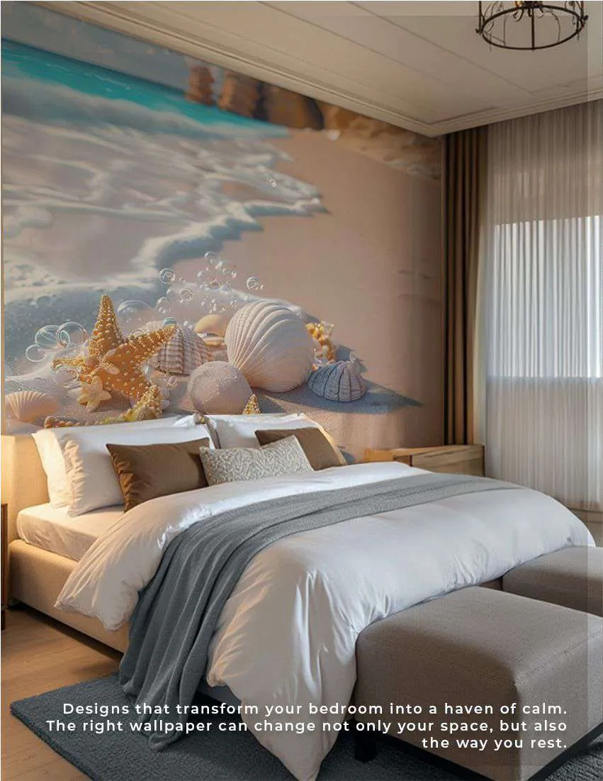 Bedroom with a beach and seashell mural above the bed