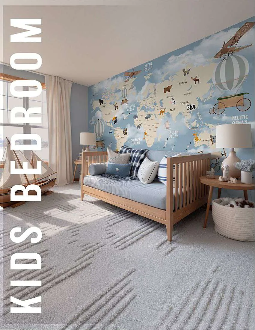 Kids bedroom with a pastel world map mural behind a daybed