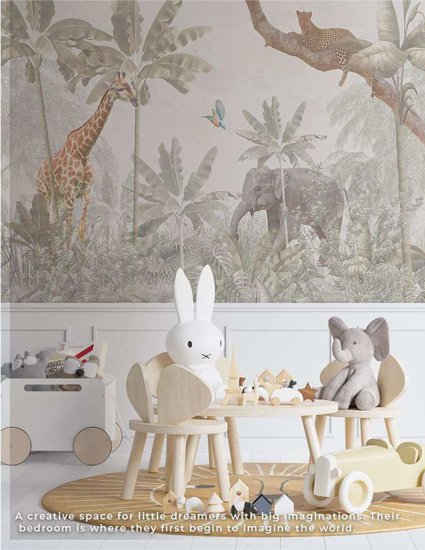 Playroom with a soft jungle mural of a giraffe and an elephant above a small table and toys