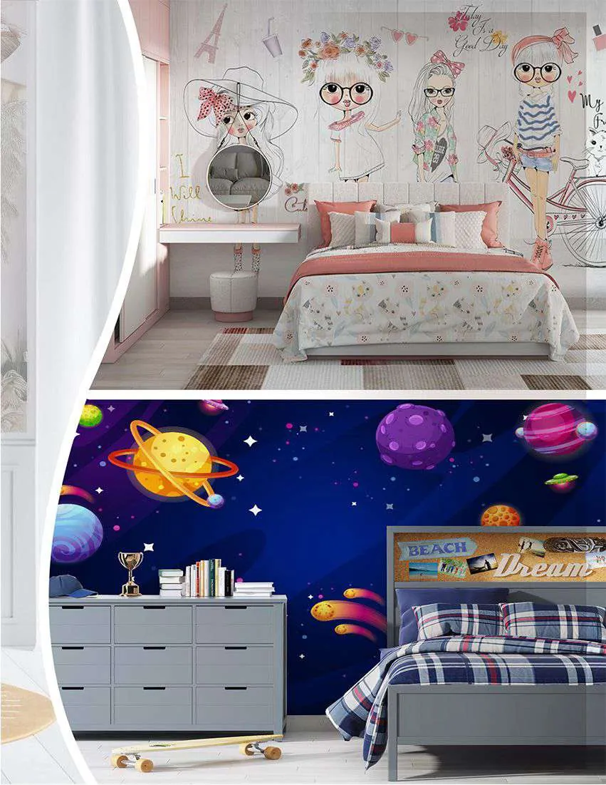Two kids rooms: a girl's room with sketched characters and a boy's room with a planets mural