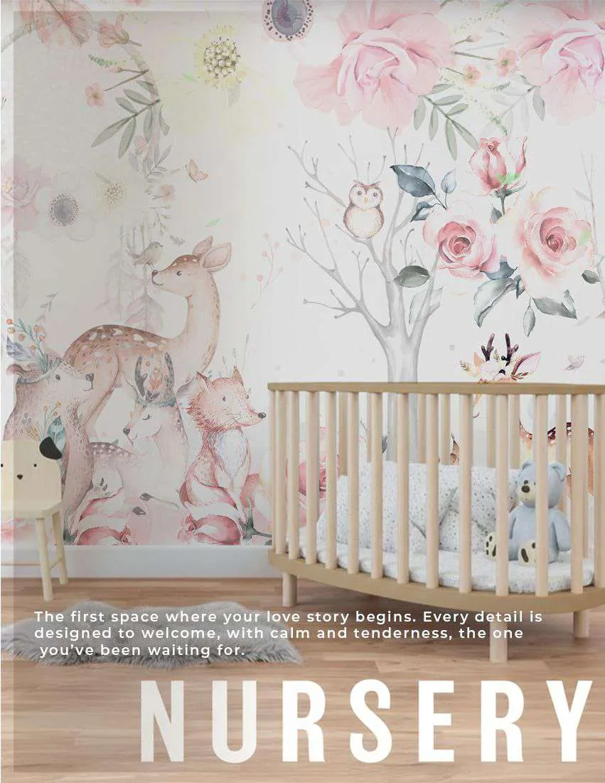 Nursery with a watercolor wall of fawns, flowers and an owl behind a wooden crib
