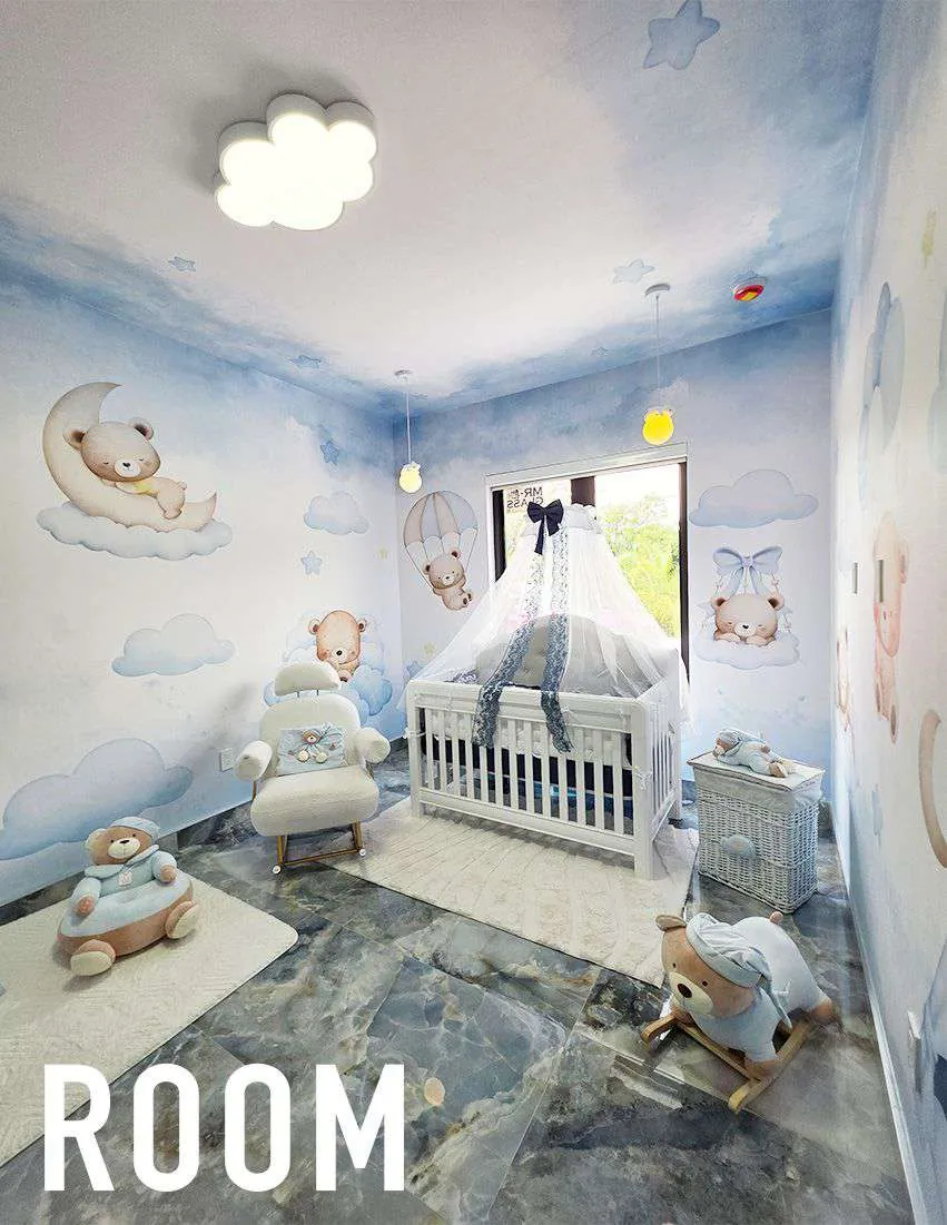 Nursery with a sky blue cloud mural on the walls and ceiling and a white crib