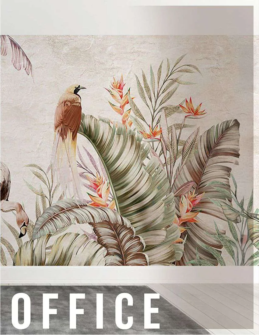 Tropical mural of a bird of paradise among large leaves, continued from the home office
