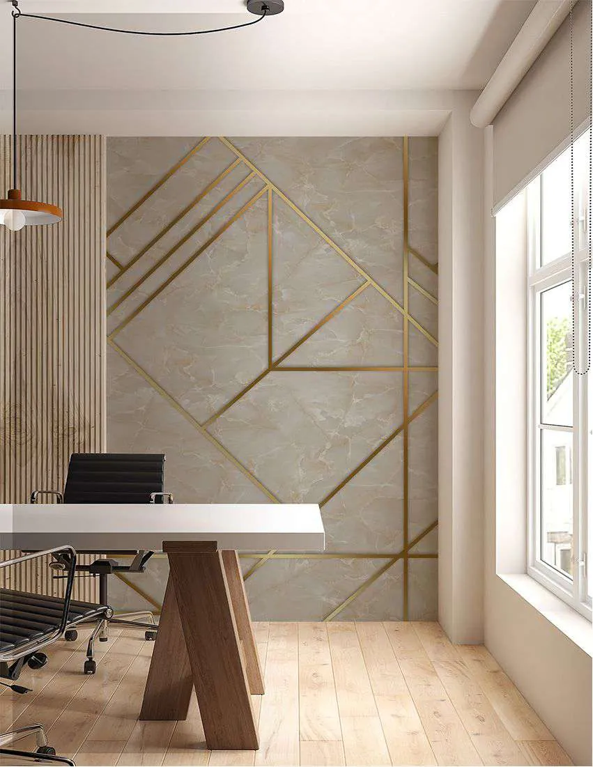 Office wall in stone texture with gold geometric lines behind a desk