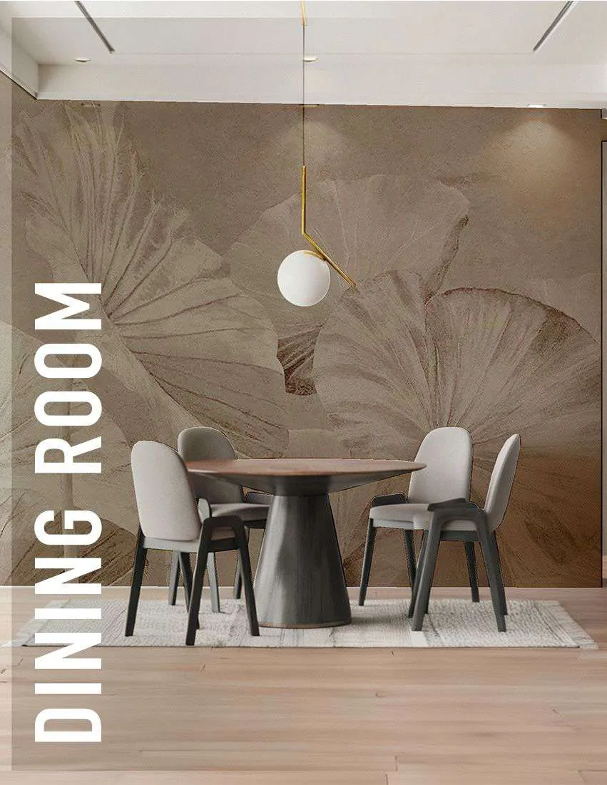 Dining room with a large muted leaf mural behind a round dining table