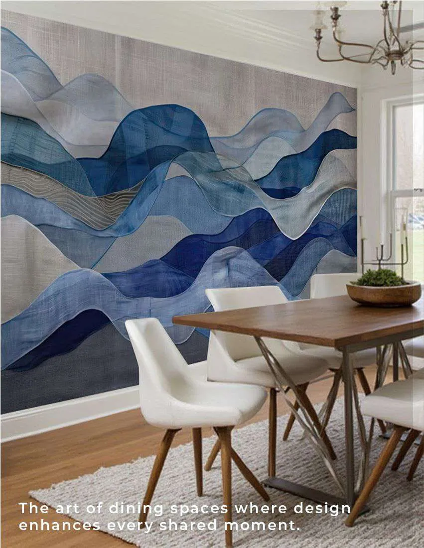 Dining room with a blue abstract wave mural behind a wooden table and white chairs