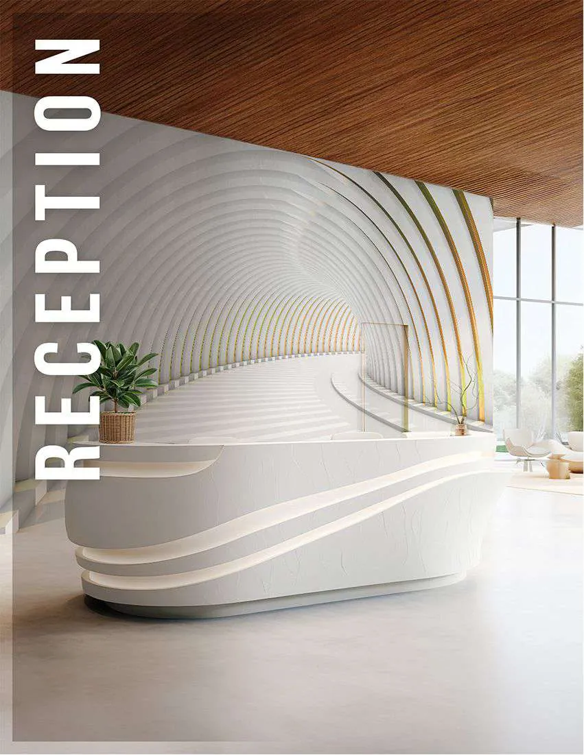 Reception desk in front of a curved, ribbed wall mural