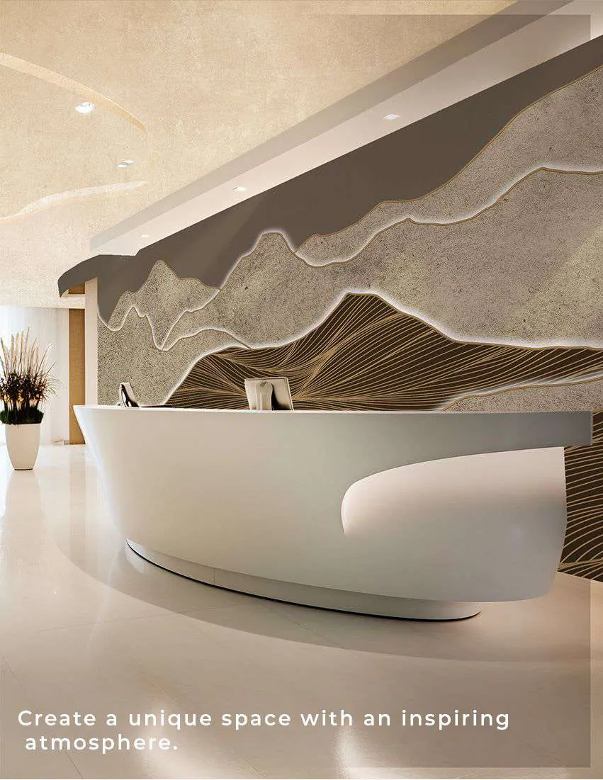 Reception with a layered mountain line mural above a white curved desk