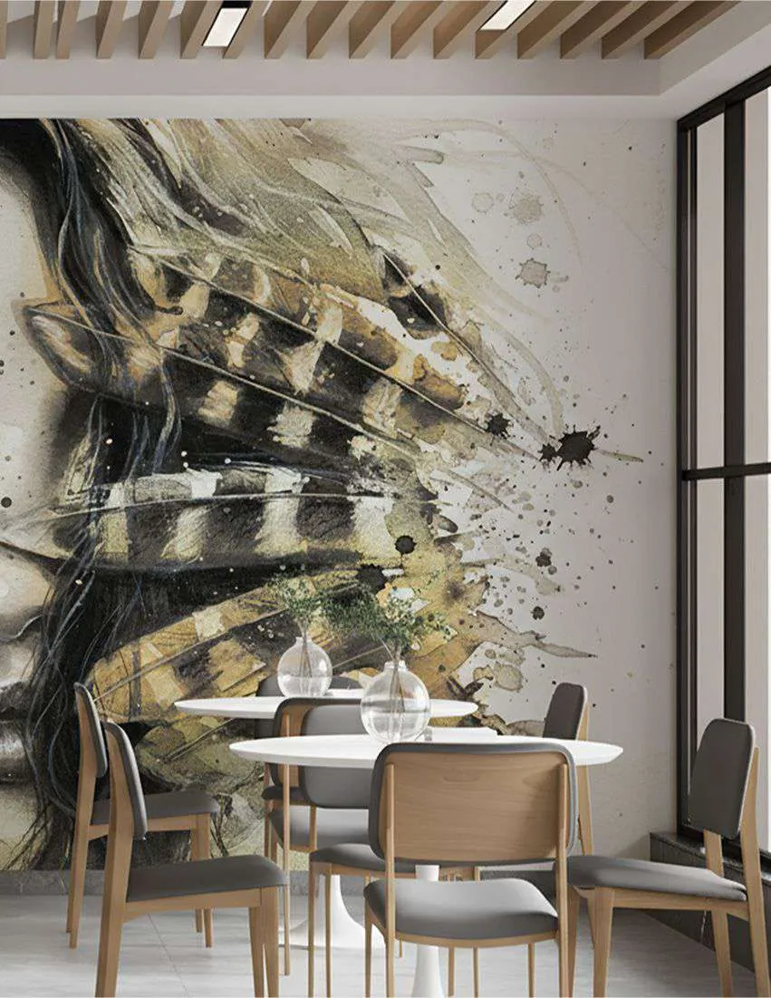 Restaurant mural, continued: a feather and ink portrait runs across the wall