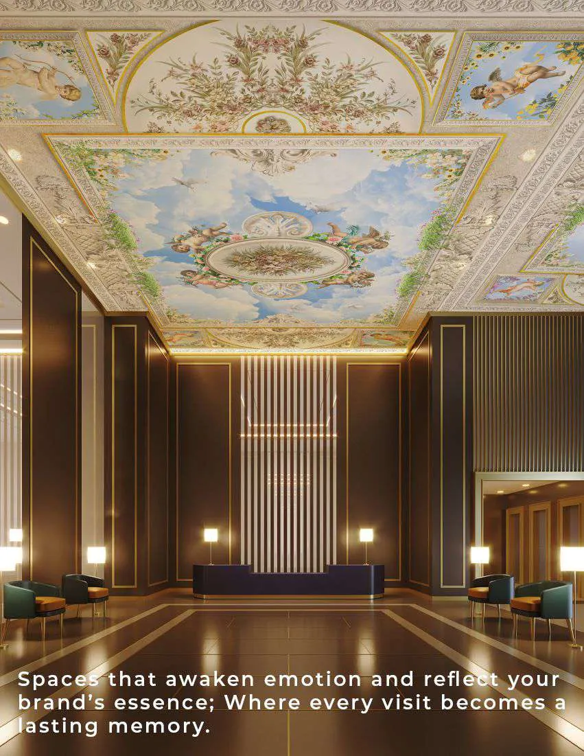 Lobby ceiling mural of a cloudy sky in an ornate frame, over a dark paneled hall