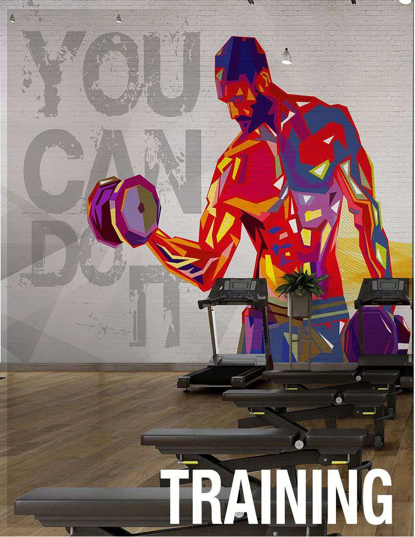 Gym wall mural of a colorful athlete lifting a dumbbell beside the words You can do it