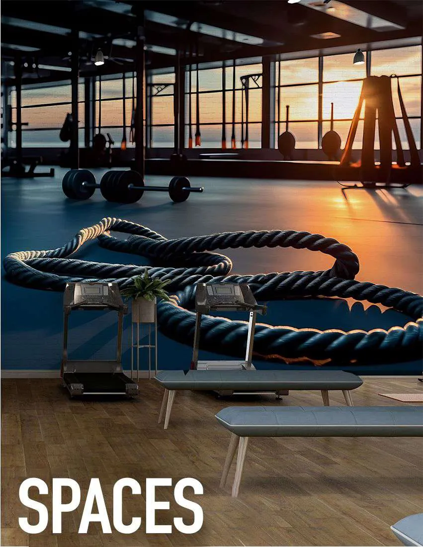 Training space with battle ropes and weights facing a sunset window