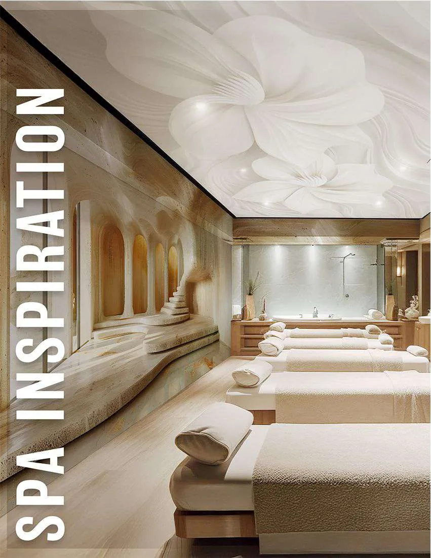 Spa treatment room with a large white flower mural across the wall and ceiling