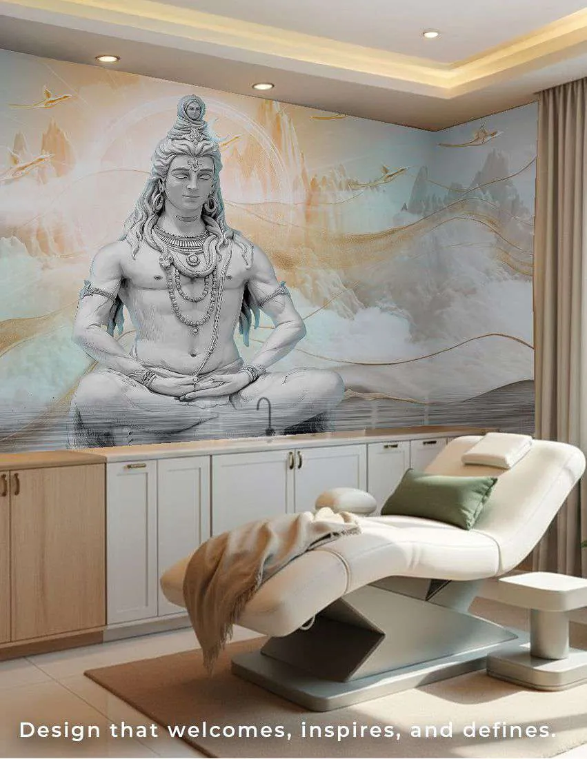 Treatment room with a stone statue mural above a treatment chair