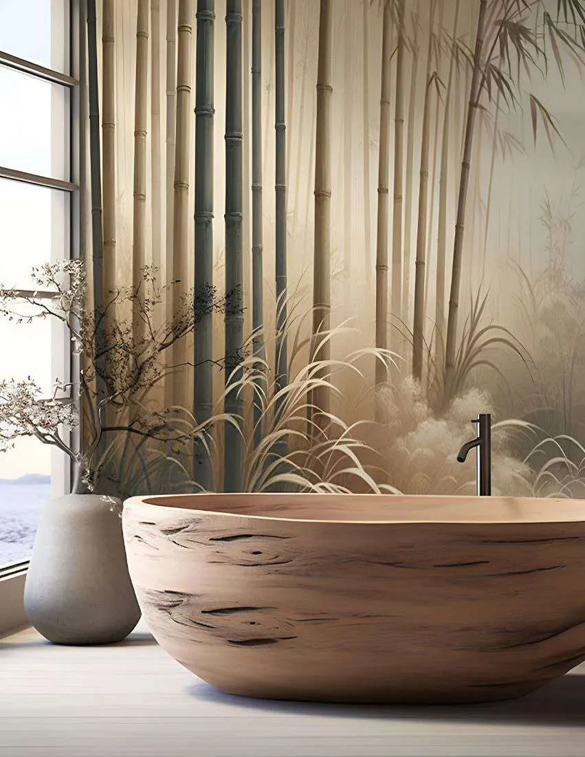 Bathroom with a bamboo forest mural behind a wooden tub