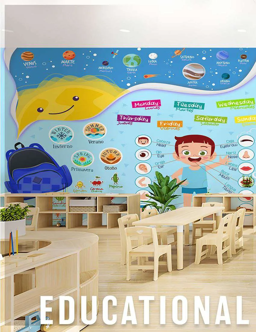 Classroom wall mural of planets, weekdays and seasons above wooden shelves