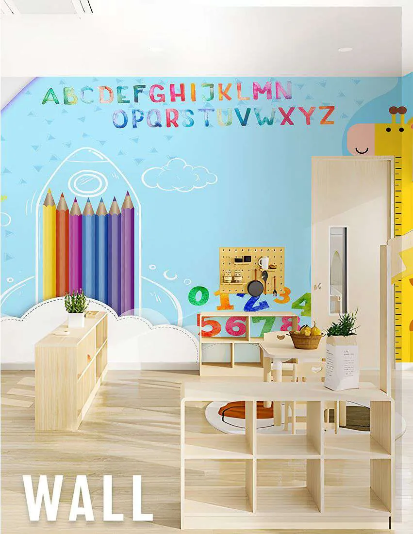 Classroom wall mural with the alphabet and colored pencils