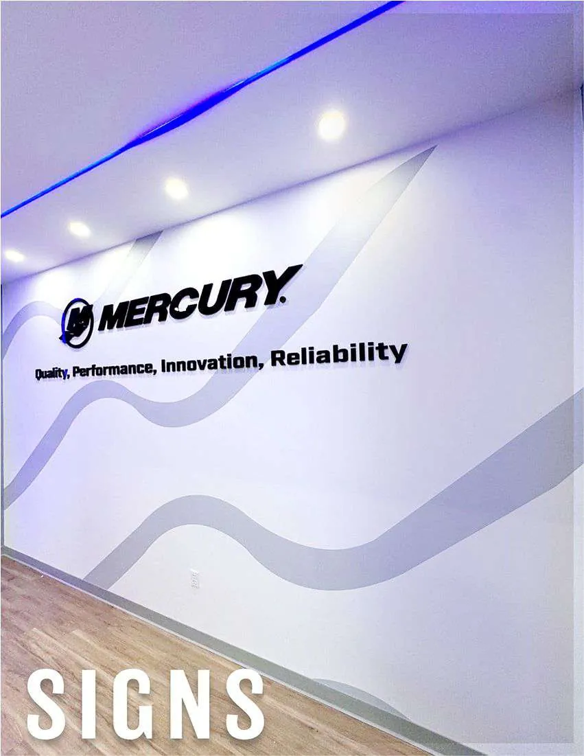 Wall graphic and logo sign for Mercury in a white office