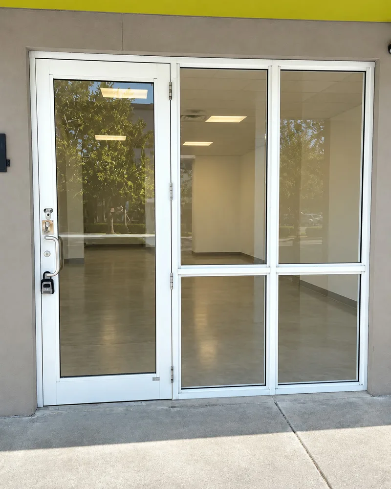 The same storefront with plain clear glass in the door and windows