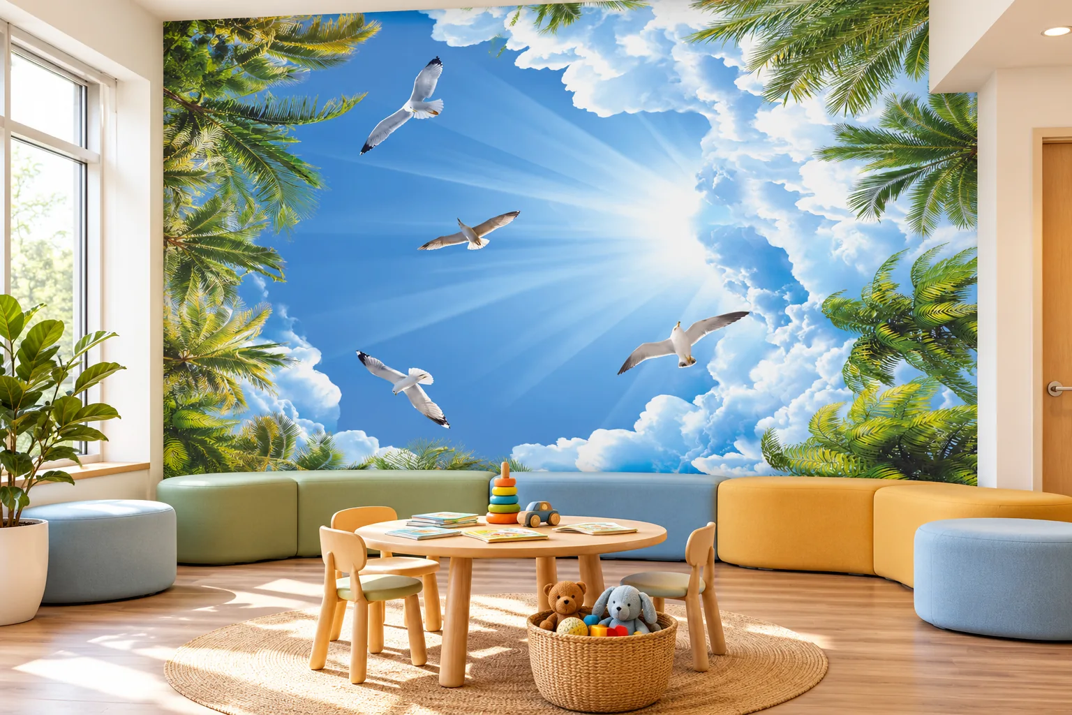 Rendering of a pediatric waiting area with Sky Palm wallpaper of palm fronds, clouds and gulls covering the wall behind colorful low benches