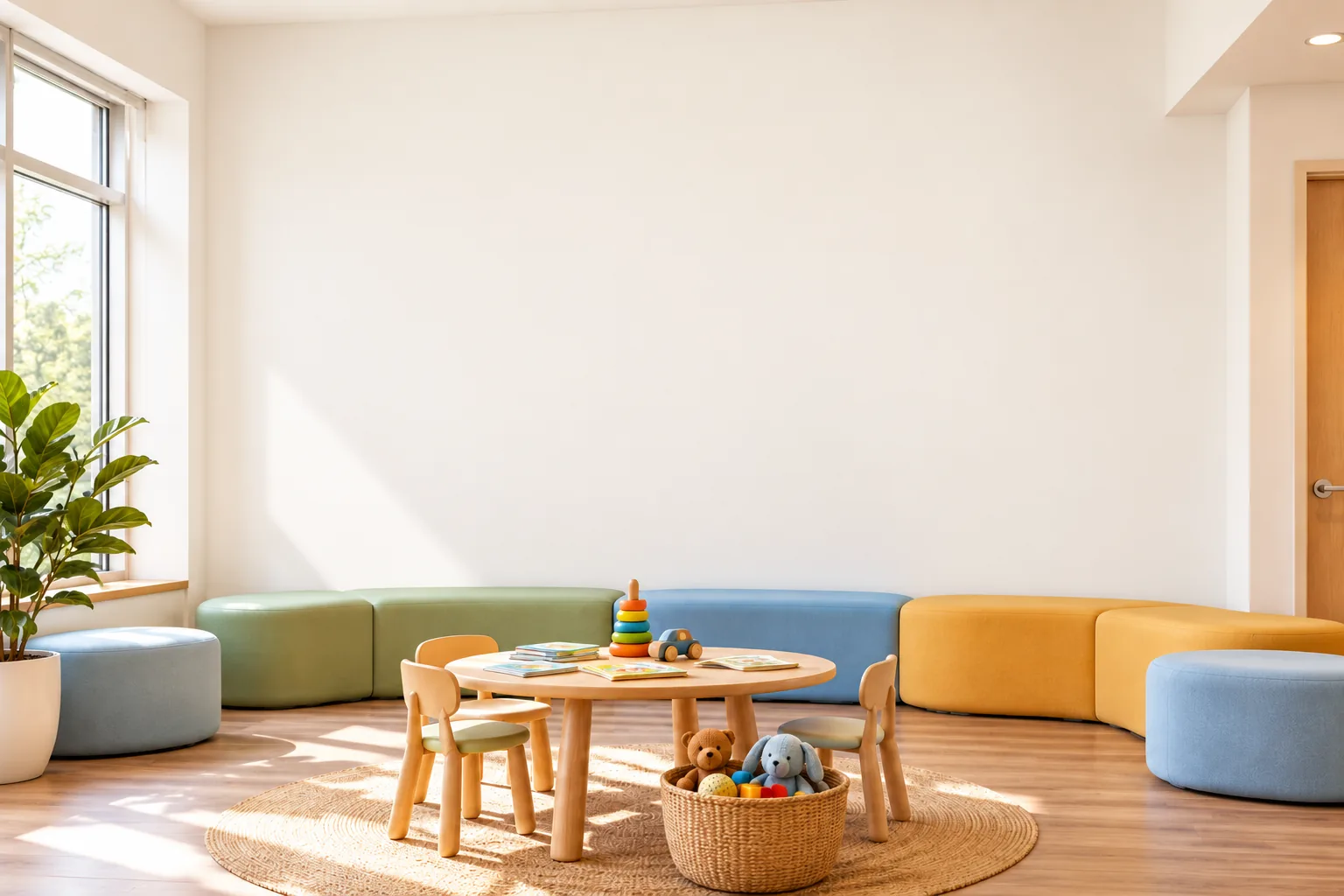 The same pediatric waiting area with a plain warm white painted wall