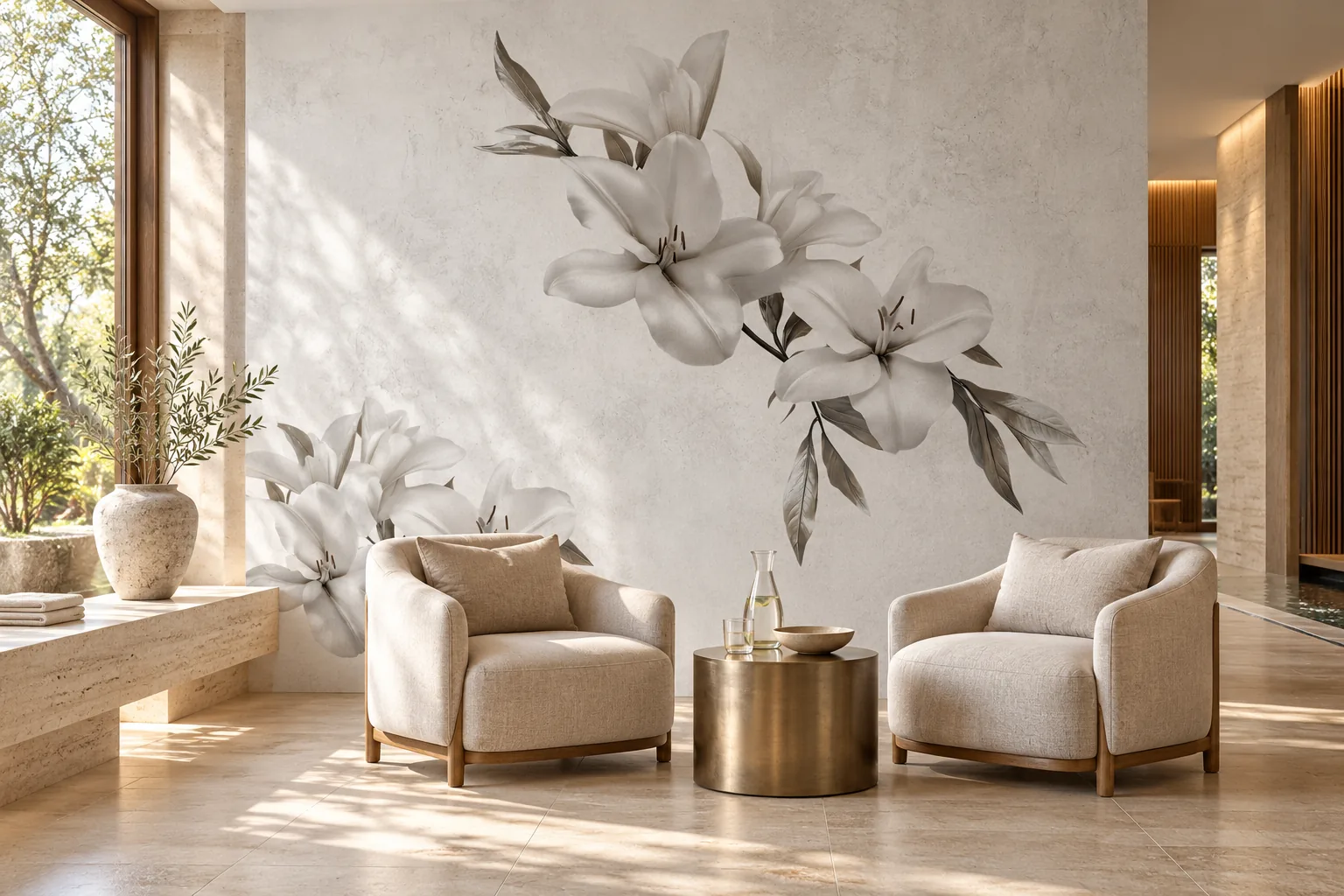 Rendering of a spa foyer with White Lilies wallpaper of grey lilies covering the wall behind two linen armchairs