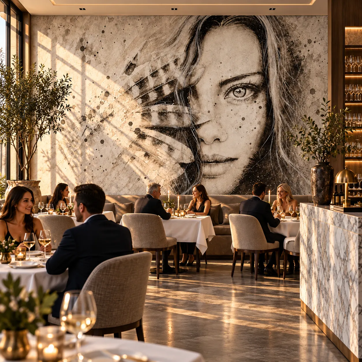 Custom black-and-white portrait mural filling the wall of a fine-dining restaurant, above banquette seating and white-linen tables with guests dining