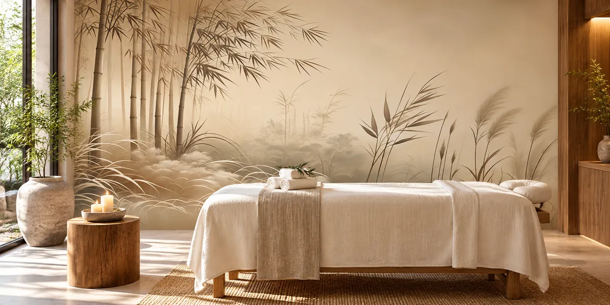 Rendering of Bamboo Veil: a misty bamboo grove with tall reeds in sand tones, covering the wall behind a massage table
