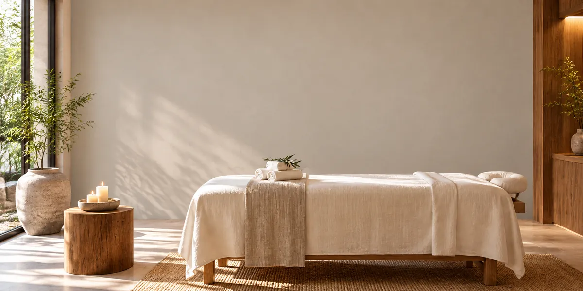 The same massage room with a plain pale grey painted wall and no design