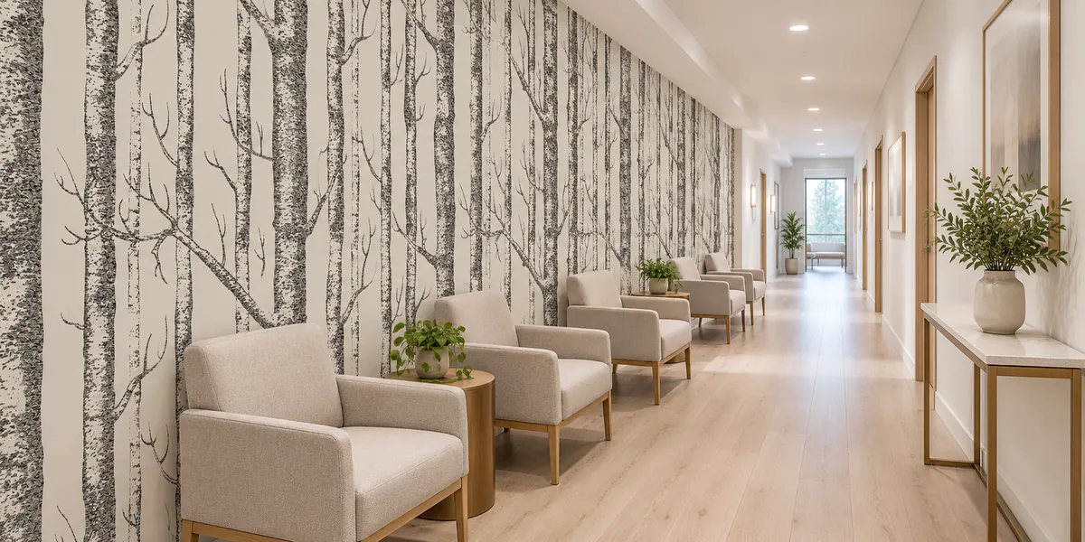 Rendering of Birch Sketch: ink-drawn birch trunks on cream, covering a long clinic corridor wall behind a row of waiting chairs