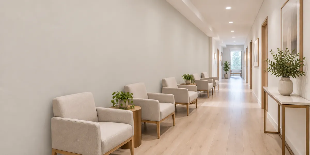 The same corridor with a plain pale warm grey painted wall and no design