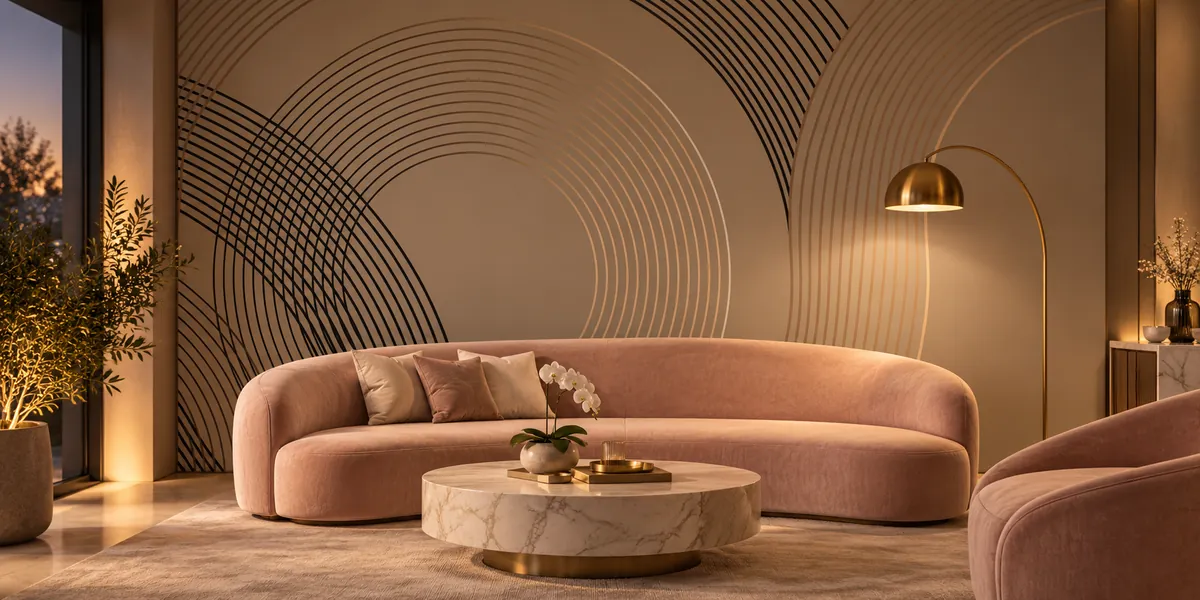 Rendering of Contour Arc: concentric bronze and charcoal line arcs covering the wall behind a blush sofa in an aesthetics clinic lounge