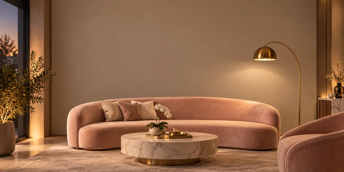 The same lounge with a plain warm greige painted wall and no design