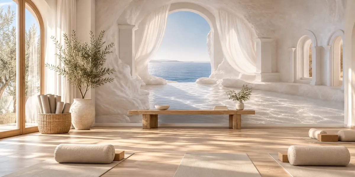 Rendering of Aegean Arch: a white arched passage with curtains opening onto the sea, covering the wall behind a wooden bench in a yoga studio