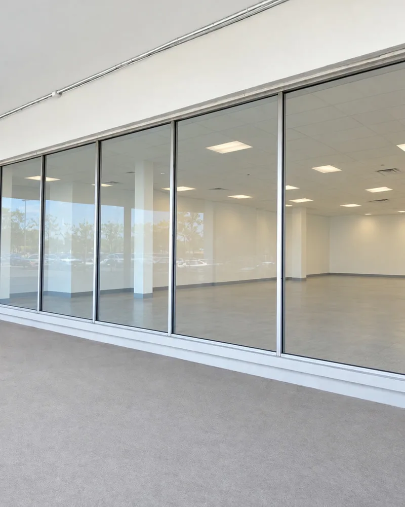 The same run of windows with plain clear glass and no graphics