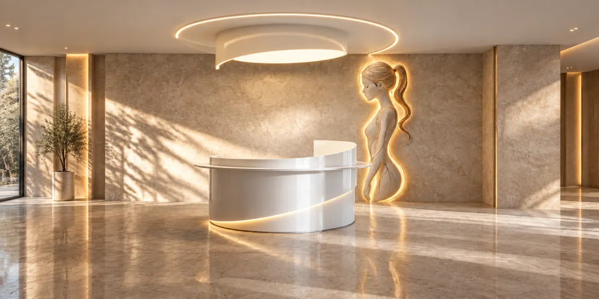 Rendering of Halo Silhouette: a woman's profile outlined in glowing gold on a stone-textured wall, beside a curved white reception desk under a round ceiling light