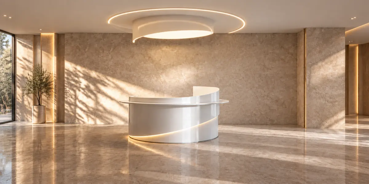 The same lobby with a plain warm grey plaster wall and no design