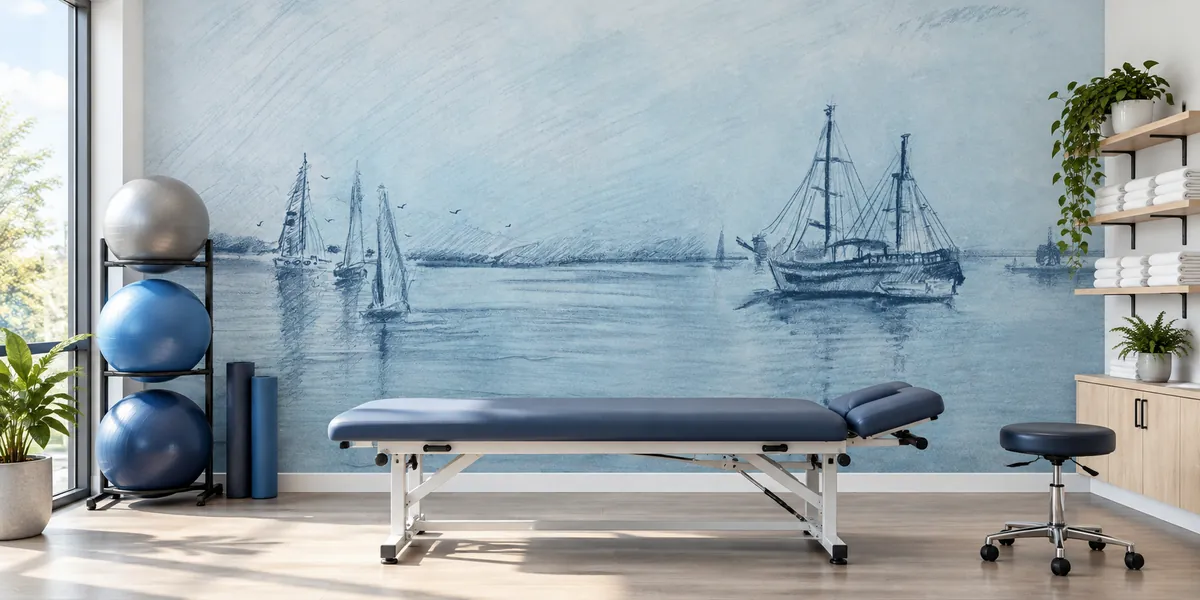 Rendering of Harbor Sketch: a blue pencil sketch of sailboats on a harbor, covering the wall behind a treatment table in a physical therapy room