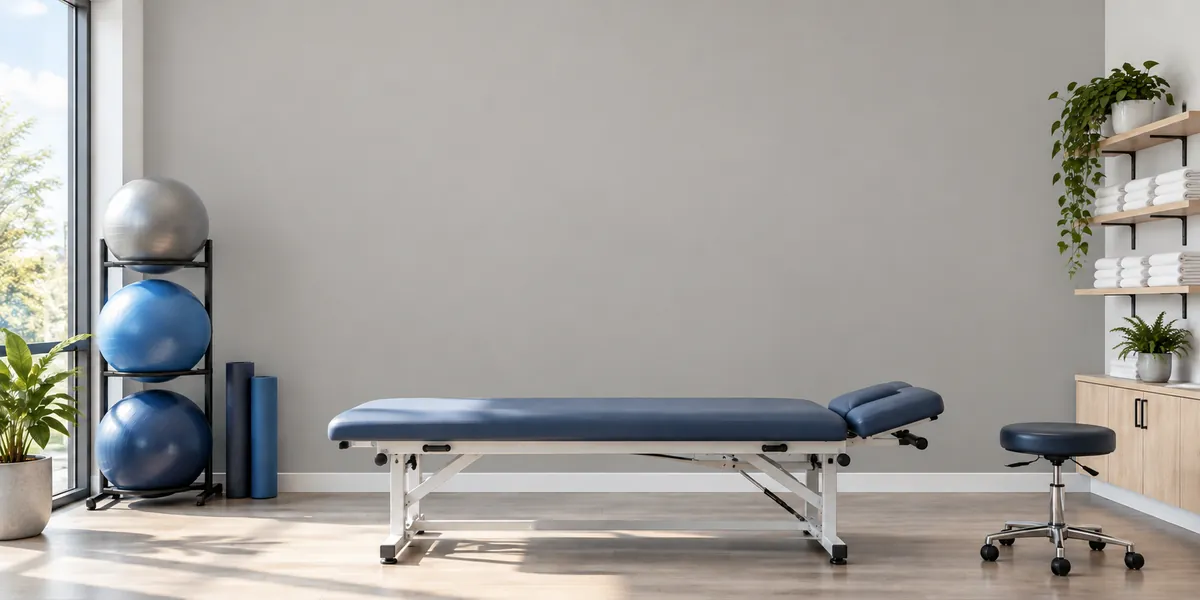 The same therapy room with a plain soft warm grey painted wall and no design