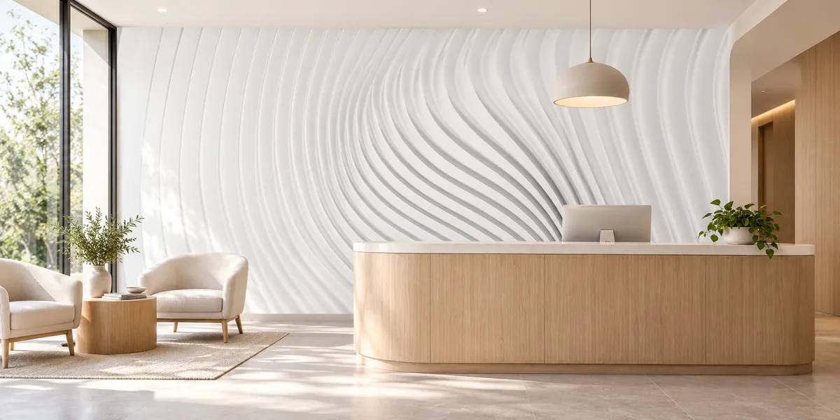 Rendering of Ivory Current: white ribbed waves covering the wall behind a light oak reception counter