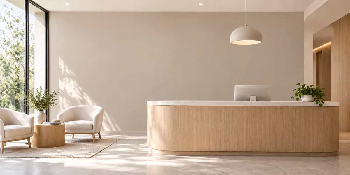 The same front desk with a plain soft taupe painted wall and no design